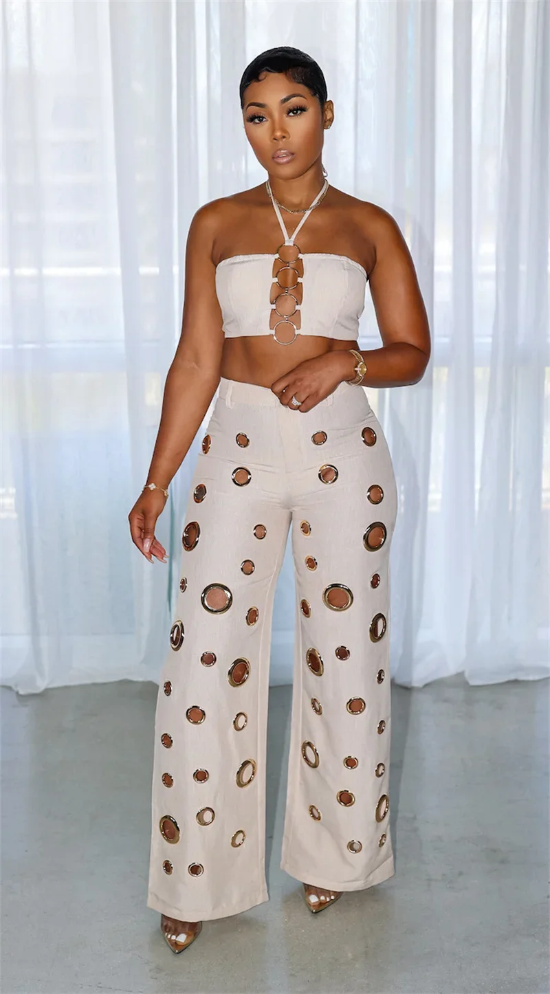 Women Outfit Clubwear Festival Clothing Halter Crop Top And Pants With Hole JKP7353