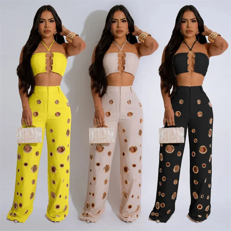 Women Outfit Clubwear Festival Clothing Halter Crop Top And Pants With Hole JKP7353