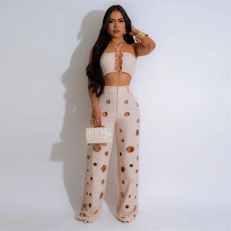 Women Outfit Clubwear Festival Clothing Halter Crop Top And Pants With Hole JKP7353