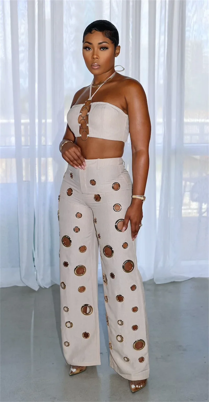 Women Outfit Clubwear Festival Clothing Halter Crop Top And Pants With Hole JKP7353