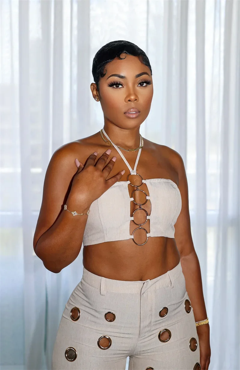 Women Outfit Clubwear Festival Clothing Halter Crop Top And Pants With Hole JKP7353