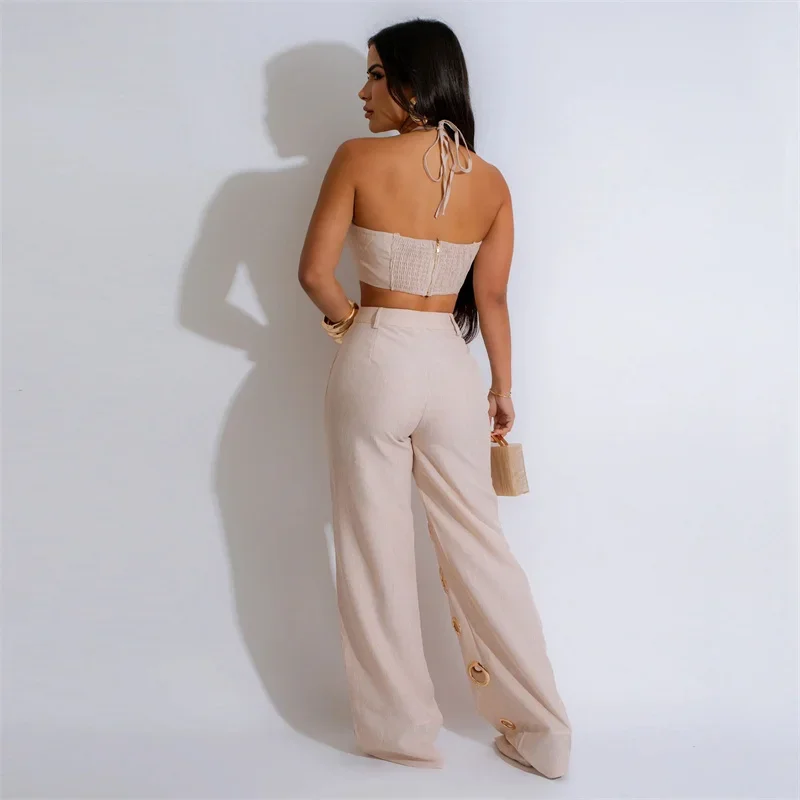 Women Outfit Clubwear Festival Clothing Halter Crop Top And Pants With Hole JKP7353