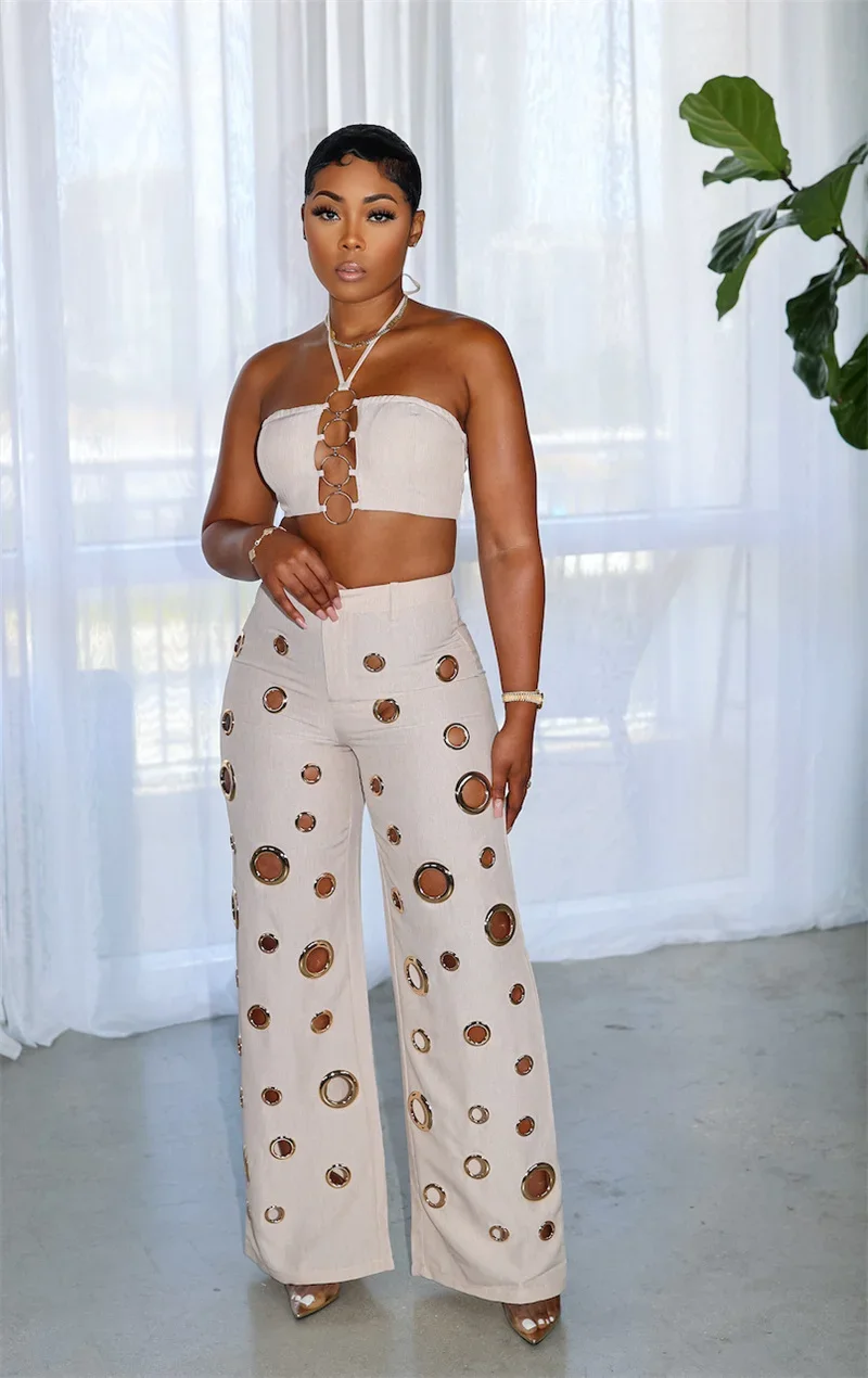 Women Outfit Clubwear Festival Clothing Halter Crop Top And Pants With Hole JKP7353