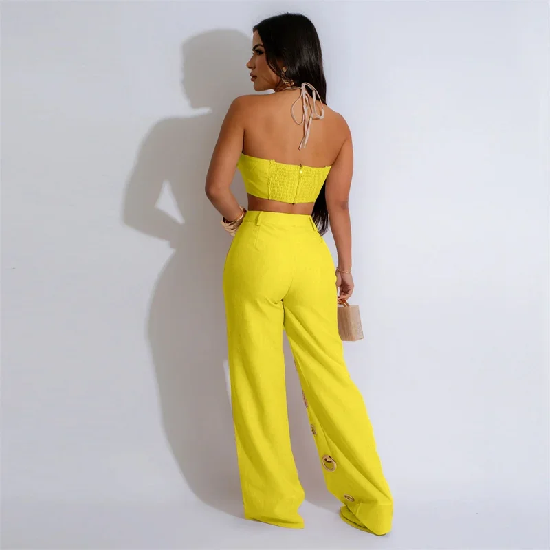 Women Outfit Clubwear Festival Clothing Halter Crop Top And Pants With Hole JKP7353