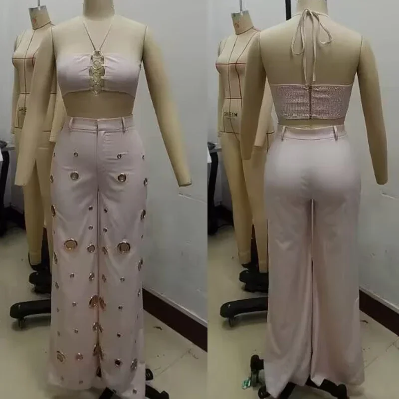 Women Outfit Clubwear Festival Clothing Halter Crop Top And Pants With Hole JKP7353