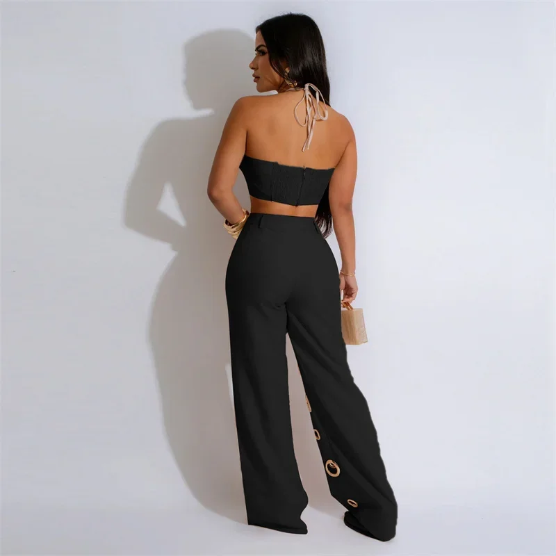 Women Outfit Clubwear Festival Clothing Halter Crop Top And Pants With Hole JKP7353