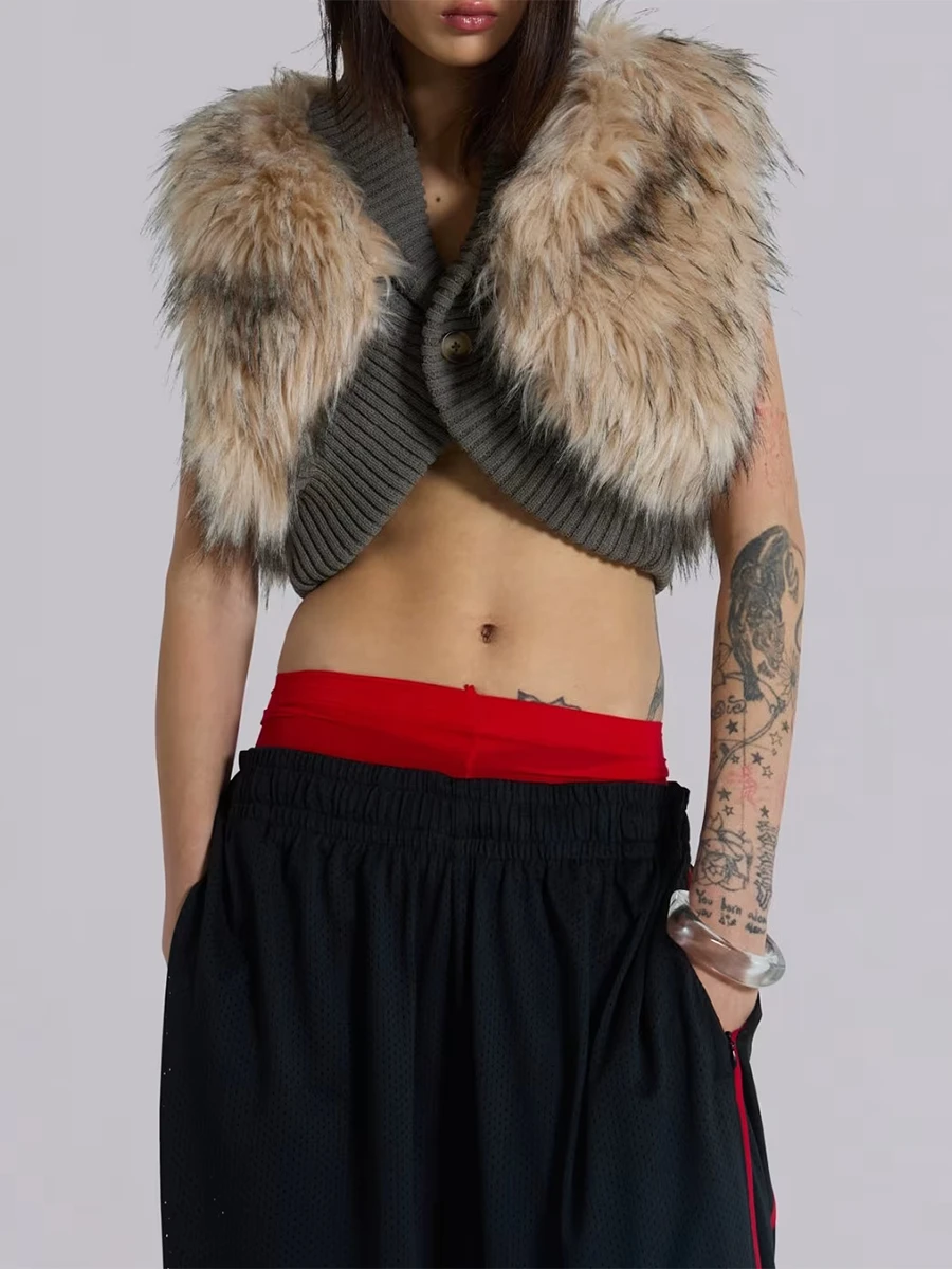 Vintage Winter Fashion Faux Fur Vest Hit Color Spliced Fur and Leather Elegant Warm Outerwear JKP7355 Vintage Winter Fashion Faux Fur Vest Hit Color Spliced Fur and Leather Elegant Warm Outerwear JKP7355