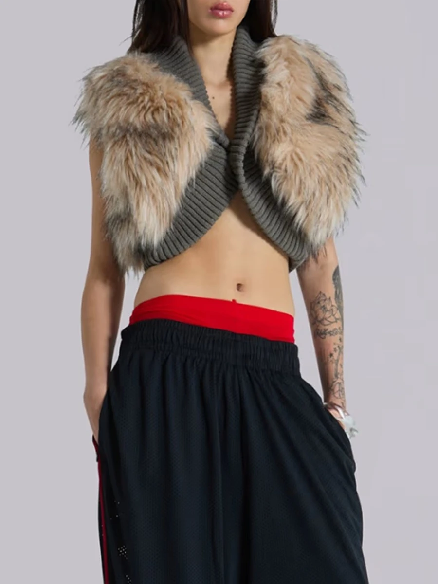 Vintage Winter Fashion Faux Fur Vest Hit Color Spliced Fur and Leather Elegant Warm Outerwear JKP7355 Vintage Winter Fashion Faux Fur Vest Hit Color Spliced Fur and Leather Elegant Warm Outerwear JKP7355