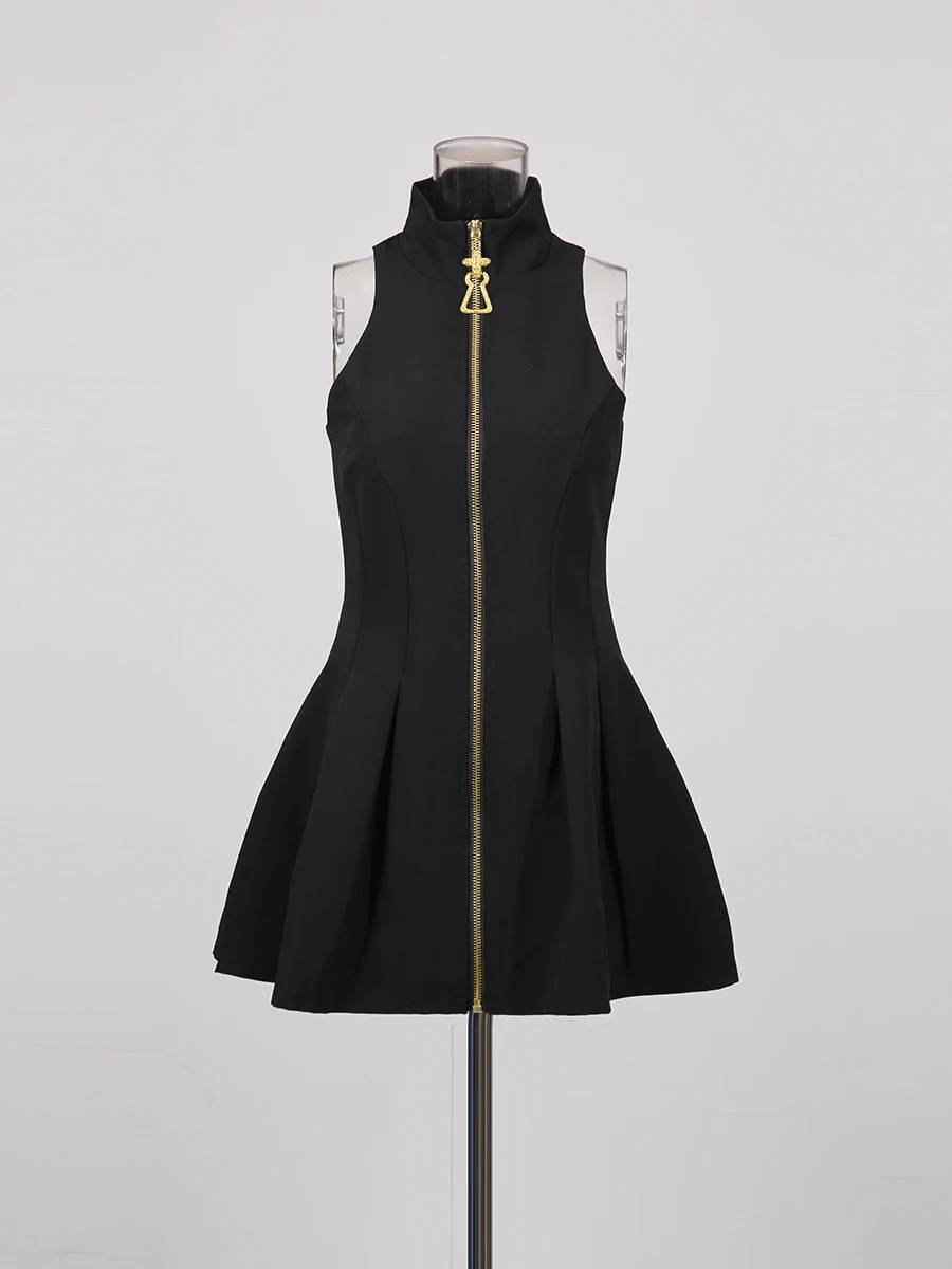 Black Zipper Front Mini Dress Elegant Sleeveless High Neck Pleated Dress JKP7356 Black Zipper Front Mini Dress Elegant Sleeveless High Neck Pleated Dress JKP7356
