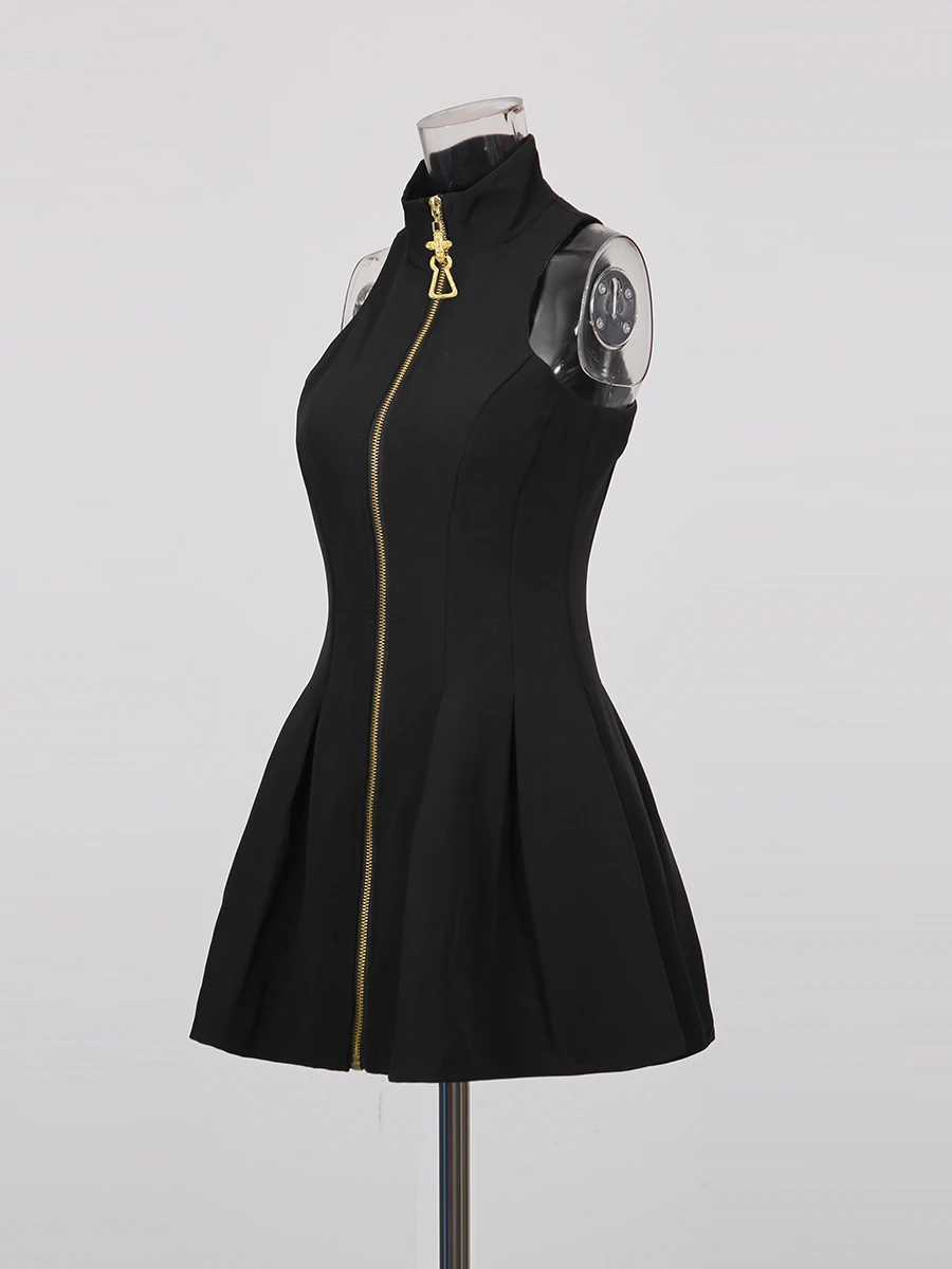 Black Zipper Front Mini Dress Elegant Sleeveless High Neck Pleated Dress JKP7356 Black Zipper Front Mini Dress Elegant Sleeveless High Neck Pleated Dress JKP7356