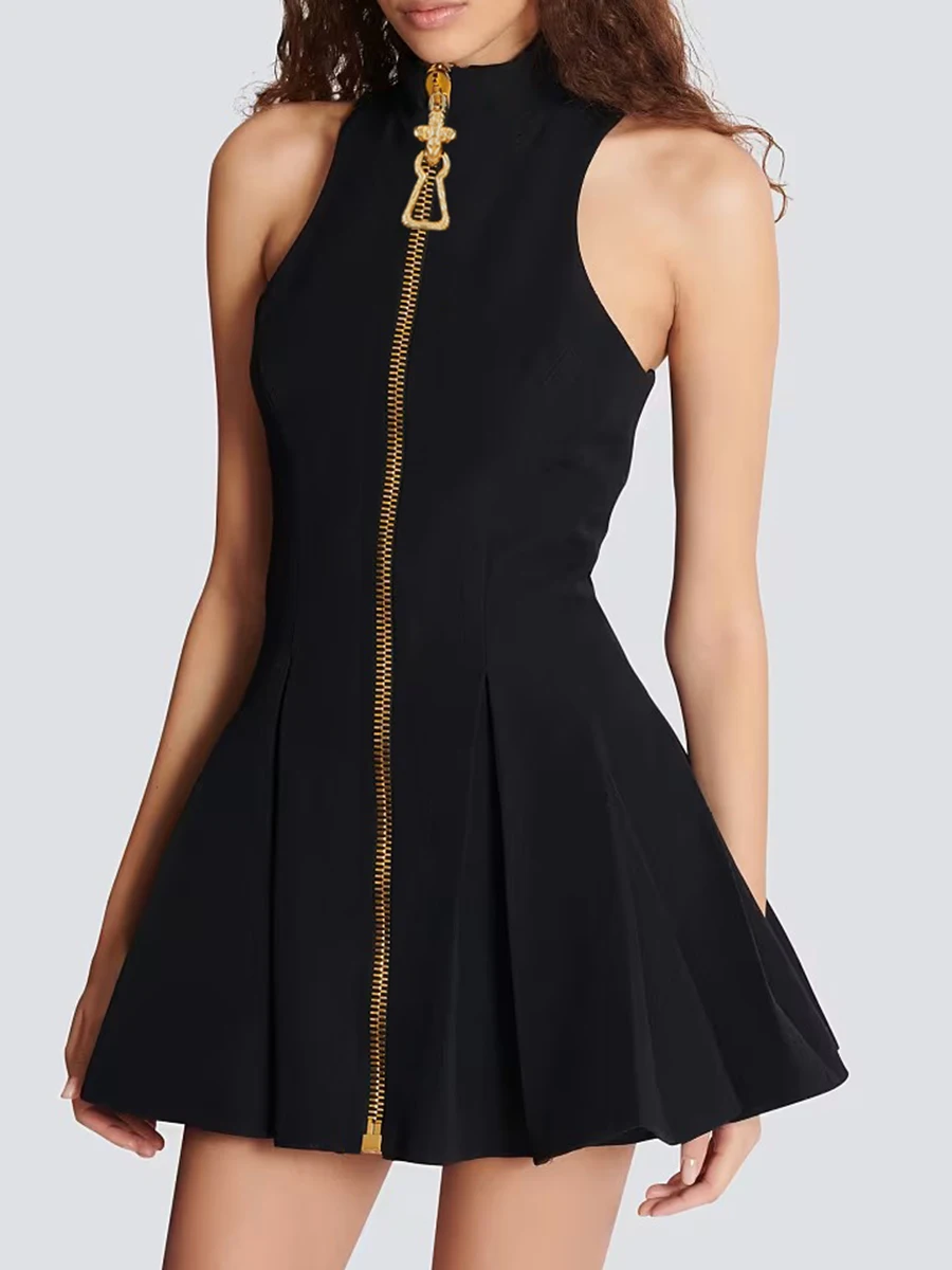 Black Zipper Front Mini Dress Elegant Sleeveless High Neck Pleated Dress JKP7356 Black Zipper Front Mini Dress Elegant Sleeveless High Neck Pleated Dress JKP7356