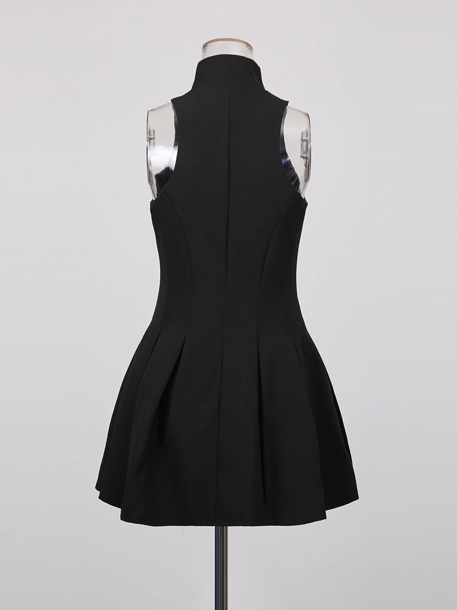 Black Zipper Front Mini Dress Elegant Sleeveless High Neck Pleated Dress JKP7356 Black Zipper Front Mini Dress Elegant Sleeveless High Neck Pleated Dress JKP7356