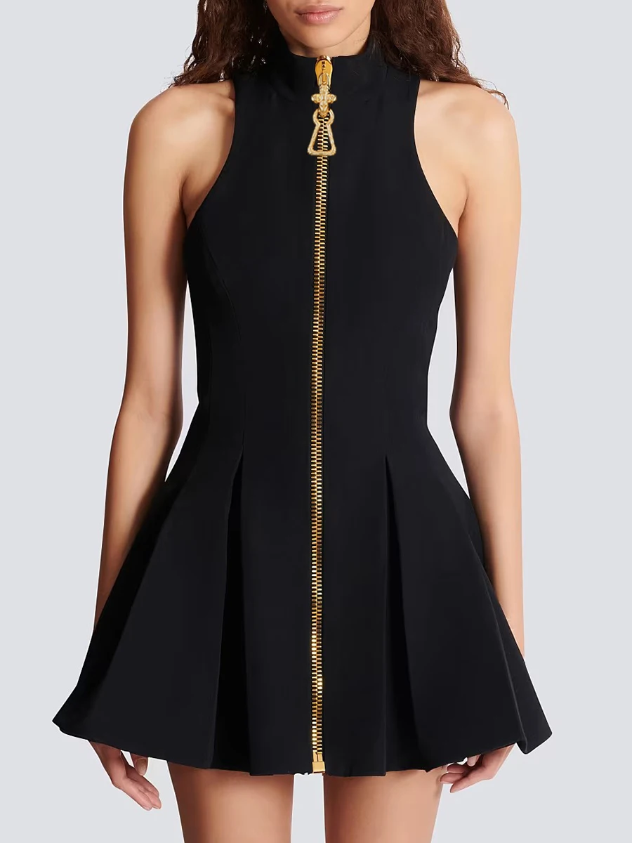 Black Zipper Front Mini Dress Elegant Sleeveless High Neck Pleated Dress JKP7356