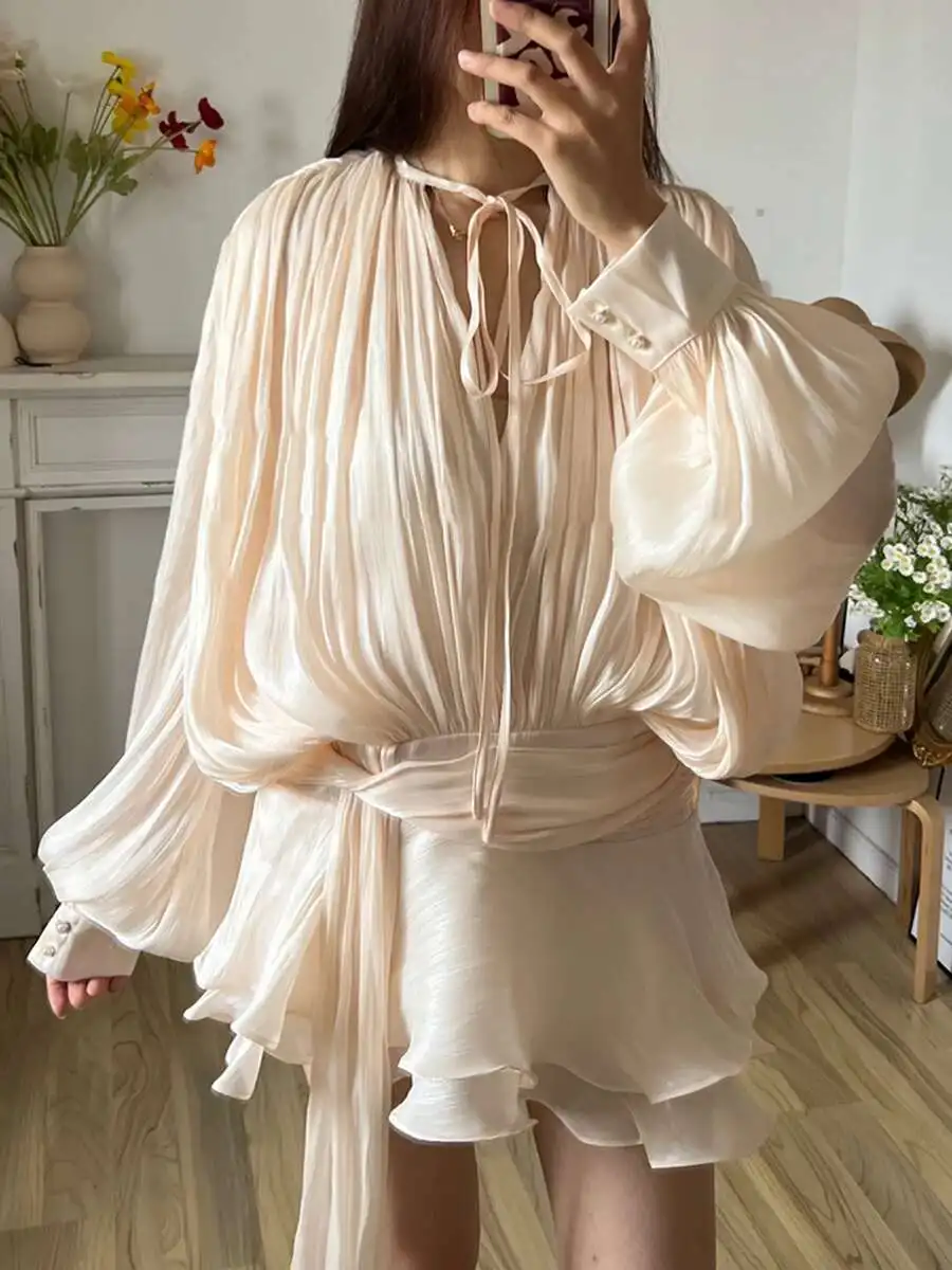 Chic Party Outfit 2024 Elegant Solid Blouse Satin Mini Dress Long Sleeve Pleated Wrap Dress with Belt JKP7357 Chic Party Outfit 2024 Elegant Solid Blouse Satin Mini Dress Long Sleeve Pleated Wrap Dress with Belt JKP7357