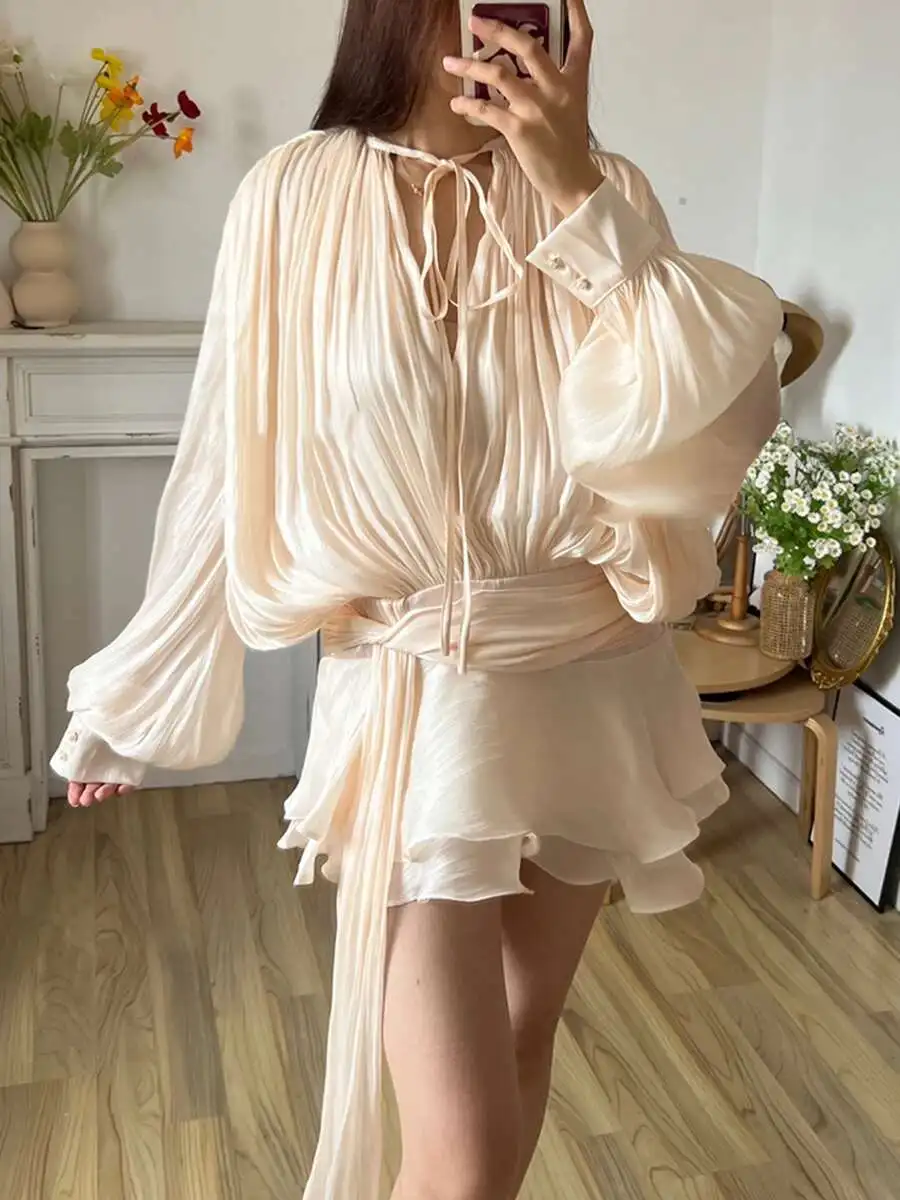 Chic Party Outfit 2024 Elegant Solid Blouse Satin Mini Dress Long Sleeve Pleated Wrap Dress with Belt JKP7357 Chic Party Outfit 2024 Elegant Solid Blouse Satin Mini Dress Long Sleeve Pleated Wrap Dress with Belt JKP7357