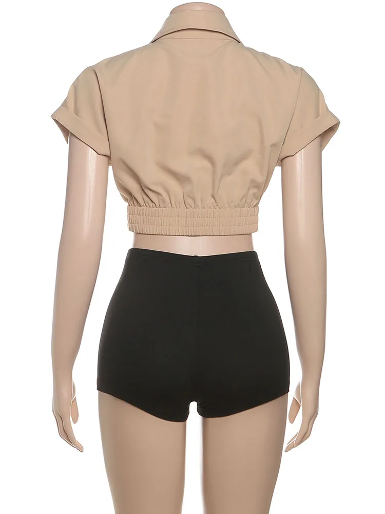 Summer Streetwear Matching Outfit Set 2025 Button Crop Top And Tight Shorts JKP7359