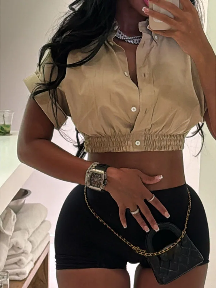 Summer Streetwear Matching Outfit Set 2025 Button Crop Top And Tight Shorts JKP7359