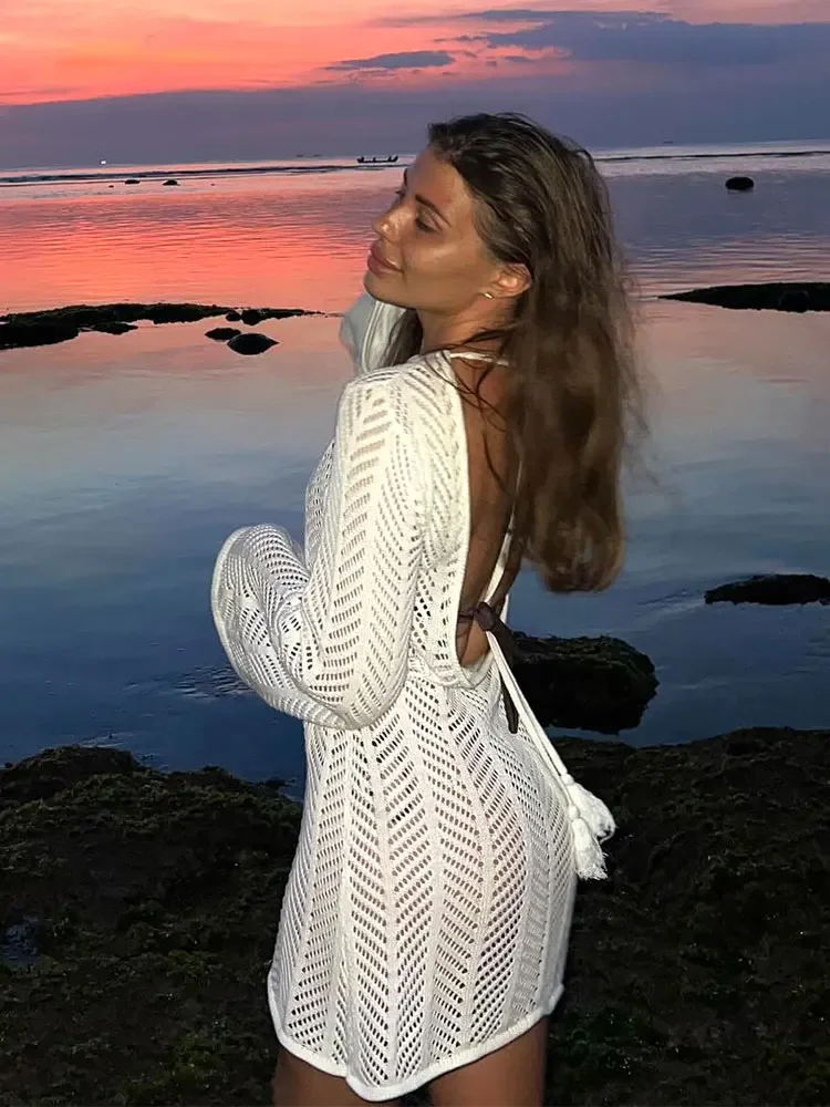 Solid Knit Beach Swimsuit Cover Up Summer 2025 Women Sexy Backless Tassel Lace-up Cut Out Bell Long Sleeve Mini Dress Tunic K110 Solid Knit Beach Swimsuit Cover Up Summer 2025 Women Sexy Backless Tassel Lace-up Cut Out Bell Long Sleeve Mini Dress Tunic K110