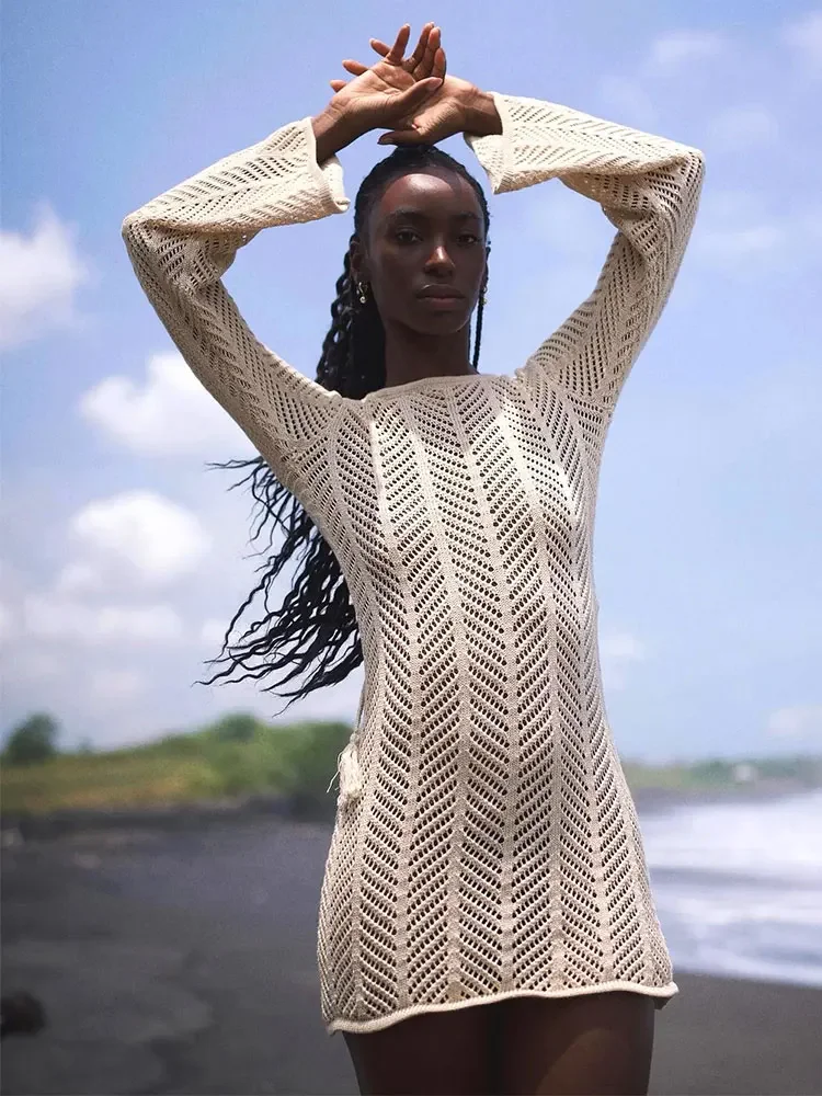 Solid Knit Beach Swimsuit Cover Up Summer 2025 Women Sexy Backless Tassel Lace-up Cut Out Bell Long Sleeve Mini Dress Tunic K110 Solid Knit Beach Swimsuit Cover Up Summer 2025 Women Sexy Backless Tassel Lace-up Cut Out Bell Long Sleeve Mini Dress Tunic K110