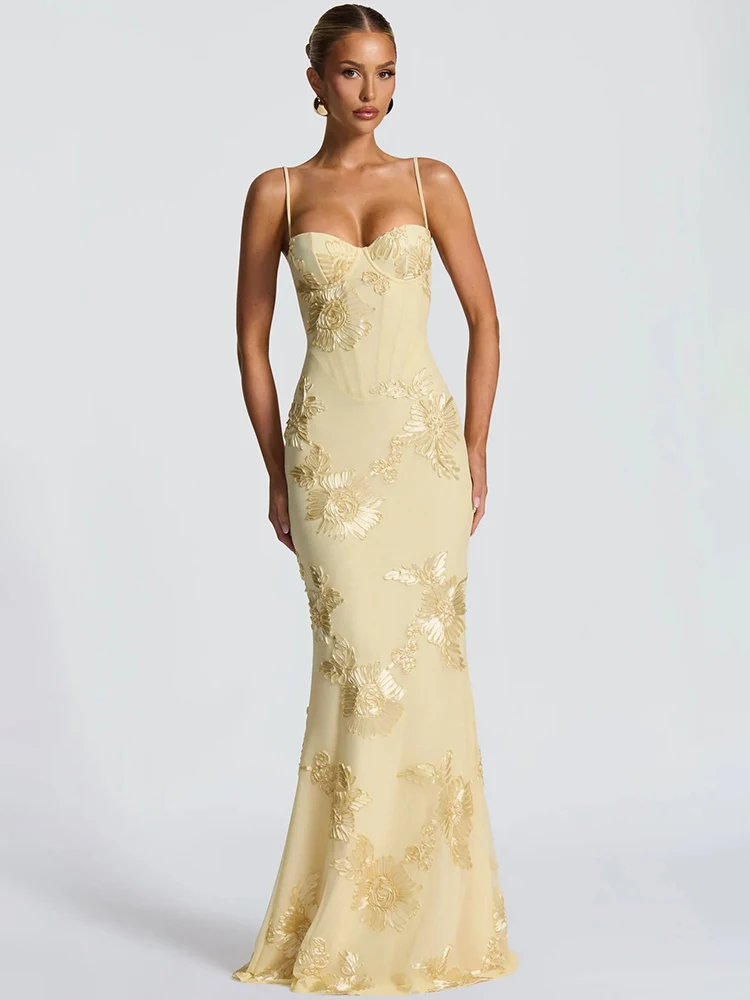 Women Sexy Yellow Lace Maxi Dress Spaghetti Strap Elegant Floral Bodycon Evening Gown Party Outfit JKP7427 Women Sexy Yellow Lace Maxi Dress Spaghetti Strap Elegant Floral Bodycon Evening Gown Party Outfit JKP7427