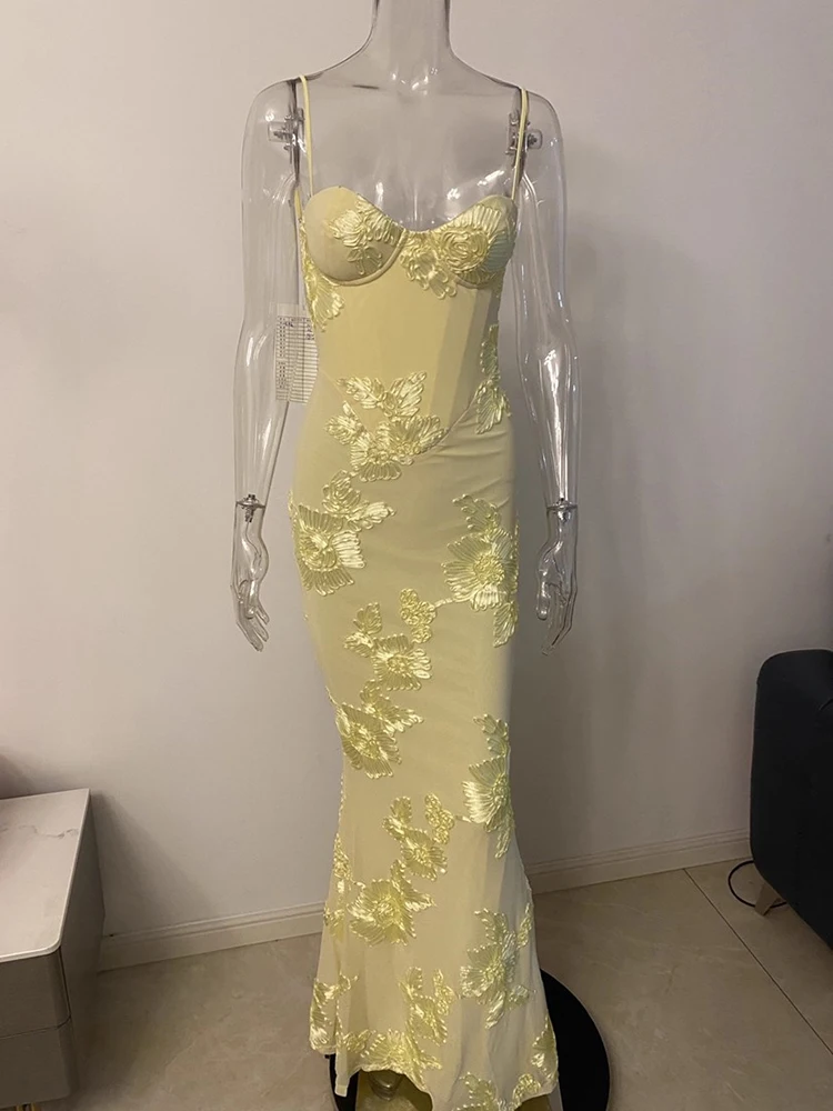 Women Sexy Yellow Lace Maxi Dress Spaghetti Strap Elegant Floral Bodycon Evening Gown Party Outfit JKP7427 Women Sexy Yellow Lace Maxi Dress Spaghetti Strap Elegant Floral Bodycon Evening Gown Party Outfit JKP7427