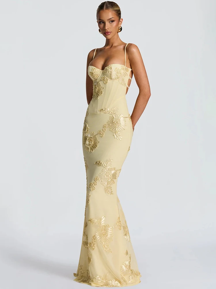 Women Sexy Yellow Lace Maxi Dress Spaghetti Strap Elegant Floral Bodycon Evening Gown Party Outfit JKP7427 Women Sexy Yellow Lace Maxi Dress Spaghetti Strap Elegant Floral Bodycon Evening Gown Party Outfit JKP7427
