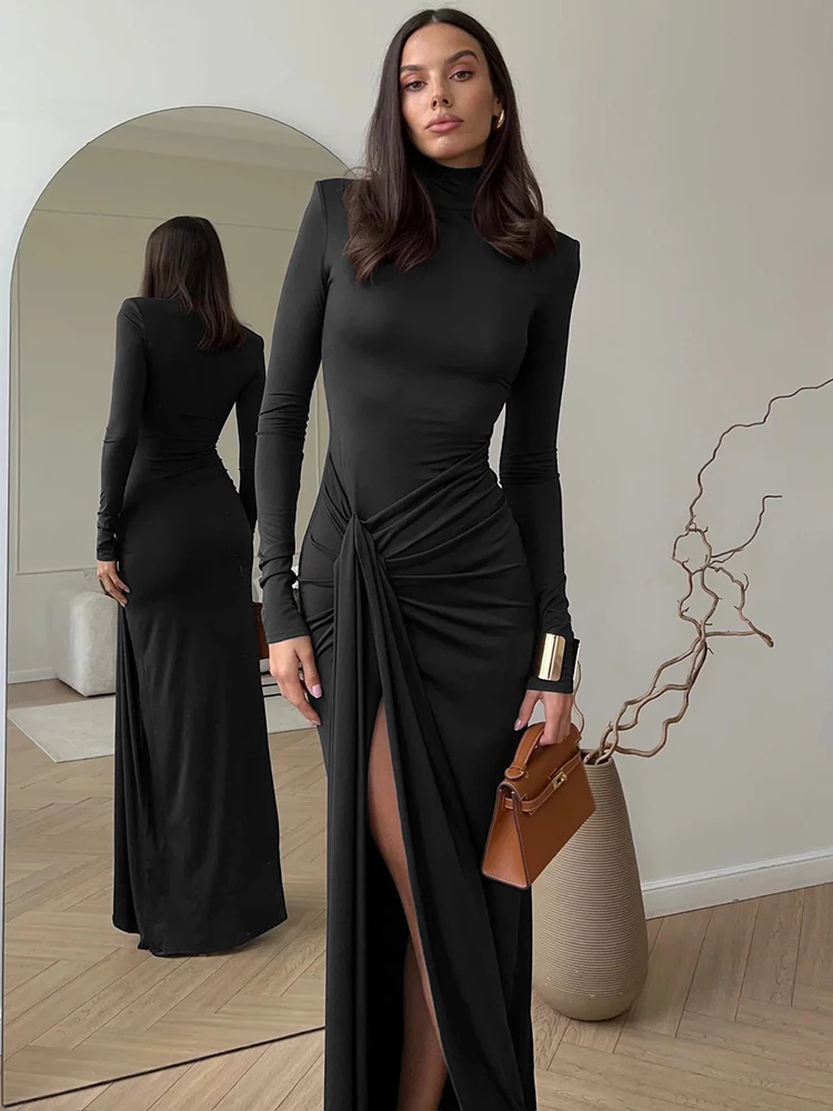Women Party Outfit Split Maxi Dress Turtleneck Long Sleeve Chic Outfit Club JKP7432 Women Party Outfit Split Maxi Dress Turtleneck Long Sleeve Chic Outfit Club JKP7432