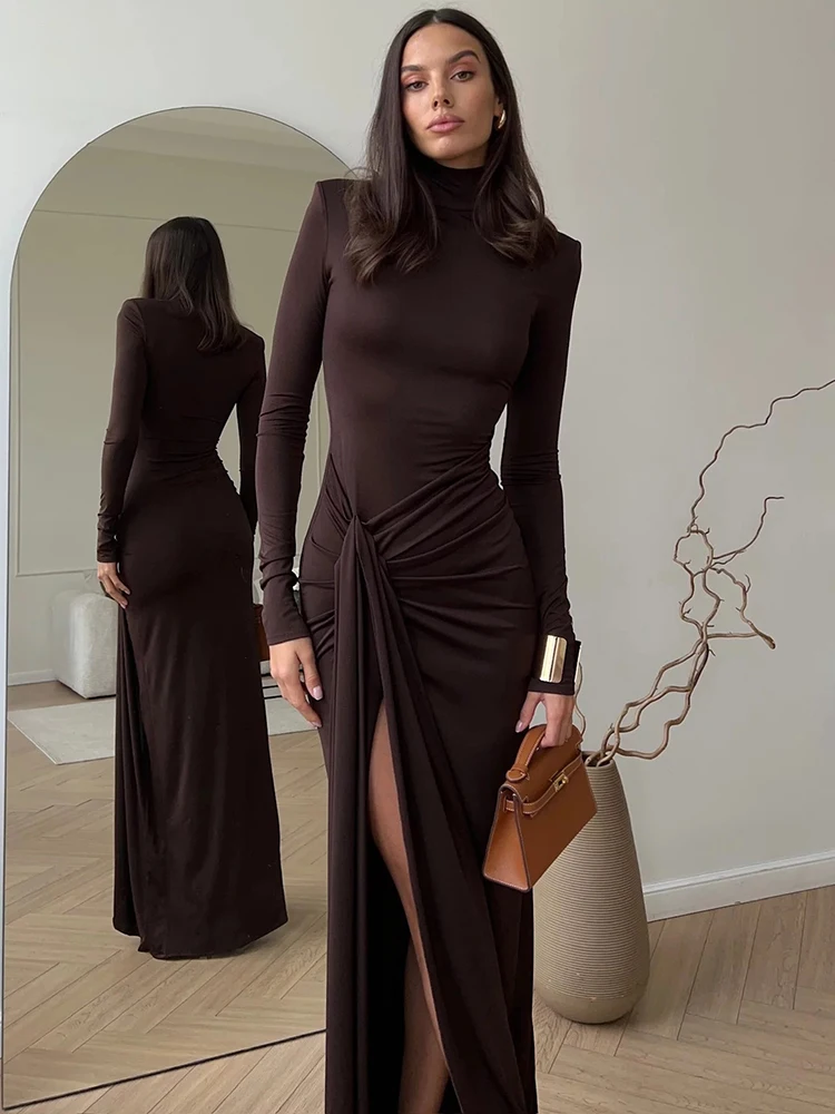 Women Party Outfit Split Maxi Dress Turtleneck Long Sleeve Chic Outfit Club JKP7432 Women Party Outfit Split Maxi Dress Turtleneck Long Sleeve Chic Outfit Club JKP7432