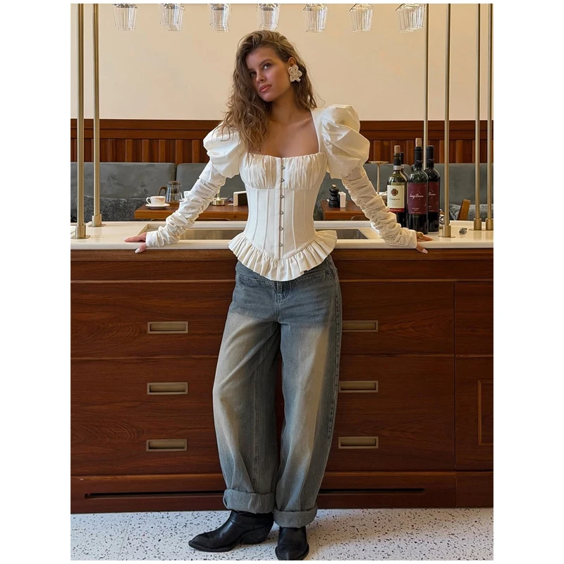 Elegant Cream Vintage Peplum Blouse Fishbone Pleated Puff Sleeve Corset Top with Lace Up Back JKP7482