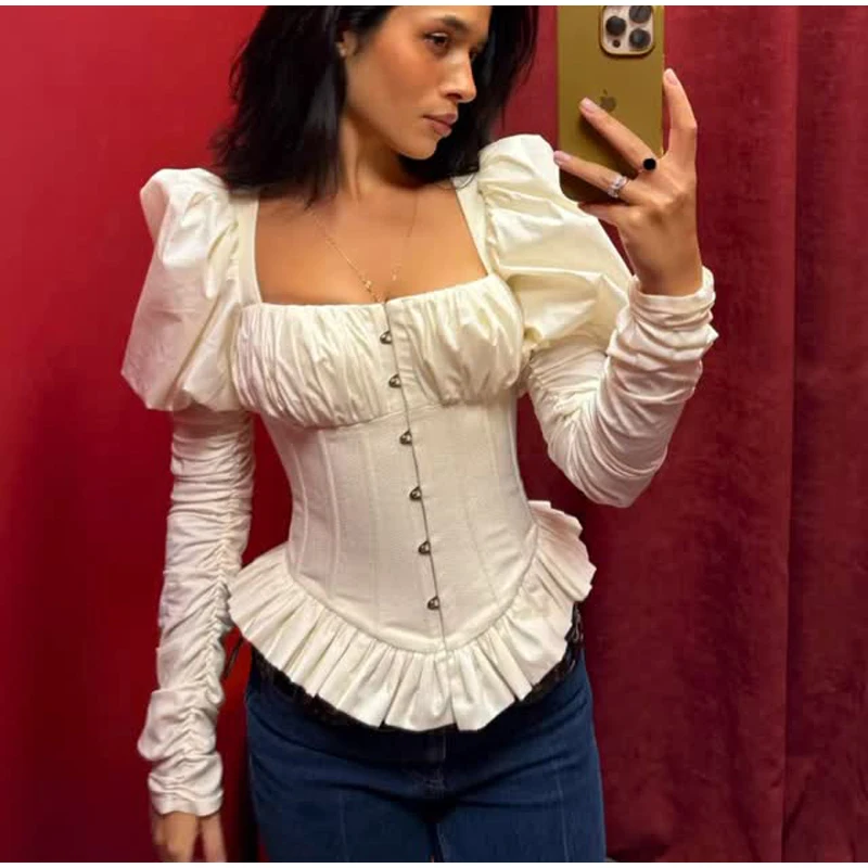 Elegant Cream Vintage Peplum Blouse Fishbone Pleated Puff Sleeve Corset Top with Lace Up Back JKP7482