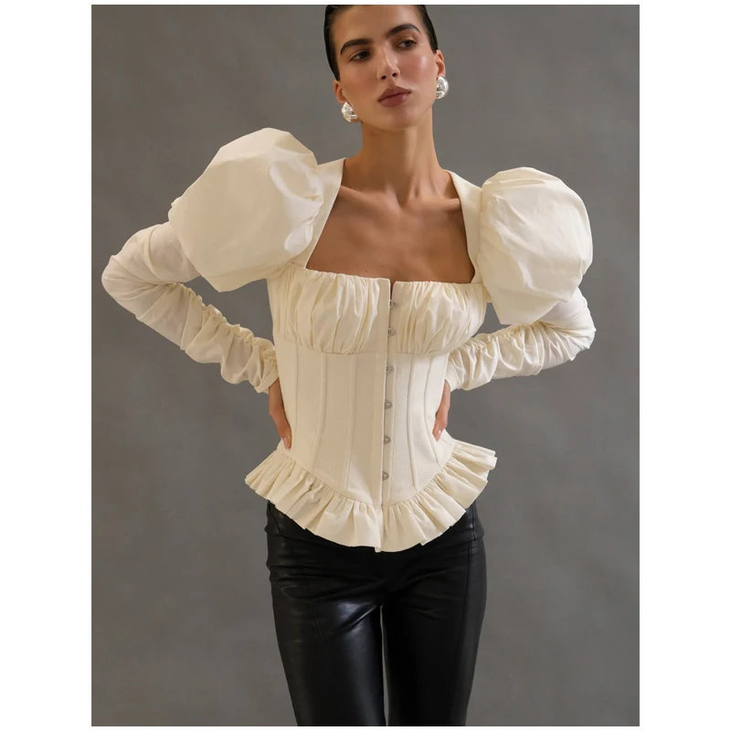 Elegant Cream Vintage Peplum Blouse Fishbone Pleated Puff Sleeve Corset Top with Lace Up Back JKP7482