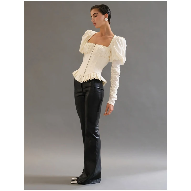 Elegant Cream Vintage Peplum Blouse Fishbone Pleated Puff Sleeve Corset Top with Lace Up Back JKP7482